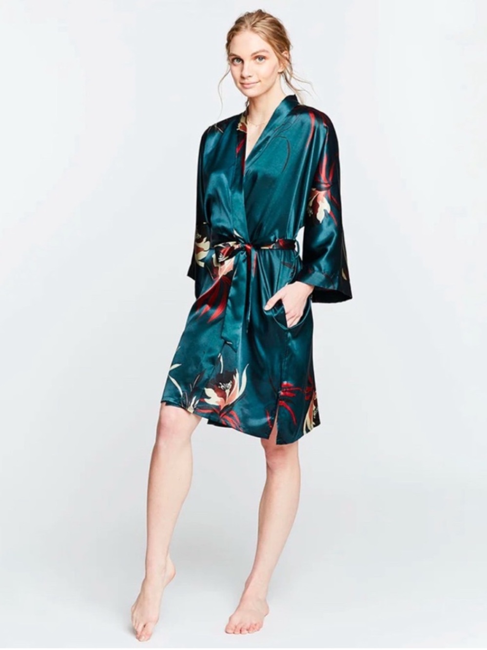 Kim + ONO Satin Kimono Robe Short Hana Teal Blue Comfy Cozy Leisure